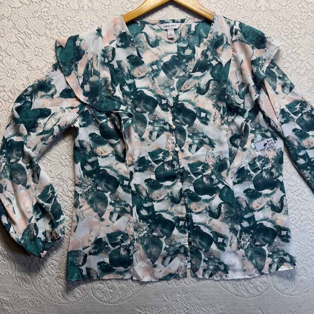 Nine West Blouse Womens Large Green Floral V-Neck Button Front Ruffle Chiffon